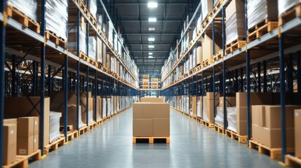 Fototapeta premium Large warehouse aisle with stacked shelves and boxes, industrial lighting.
