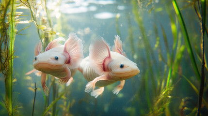 Pair of axolotls swimming in a clear freshwater.