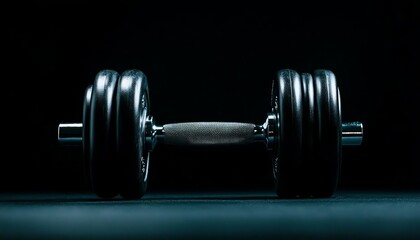 Naklejka premium A sleek black dumbbell displayed against a dark background, emphasizing fitness and strength training equipment.
