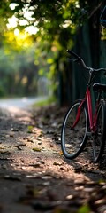 Fototapeta premium A tranquil path with a vintage bicycle leaning against a fence, surrounded by fallen leaves and dappled sunlight.