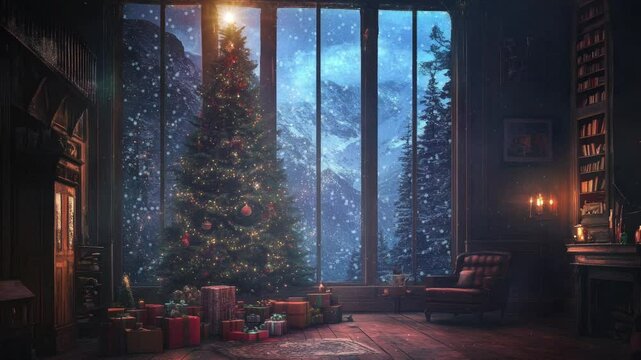 Warm Xmas holiday scene in a cozy cabin with a decorated Christmas tree, gifts, fireplace, and snow-covered mountain view