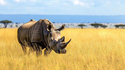 Black rhinoceros grazing in the African savanna, with tall grasses and distant acacia trees.