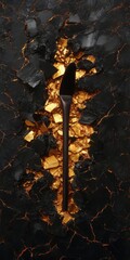 An abstract composition featuring a dark background with a striking golden crack and a slender object at the center.