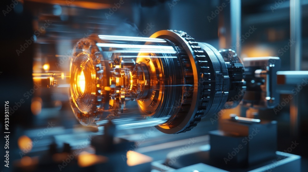 Poster glowing industrial machine part with complex gearwork