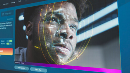User interface of AI video generator. Artificial intelligence chatbot generate detailed video: Man face with digital facial recognition grid overlay. From text prompt to realistic AI generated video.