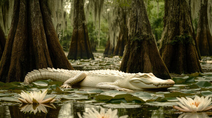 Obraz premium Albino alligator resting by a swamp, surrounded by water lilies and cypress trees.