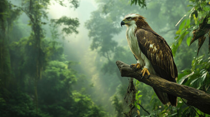 Fototapeta premium Philippine eagle perched on a branch in a rainforest, surrounded by mist and thick foliage.