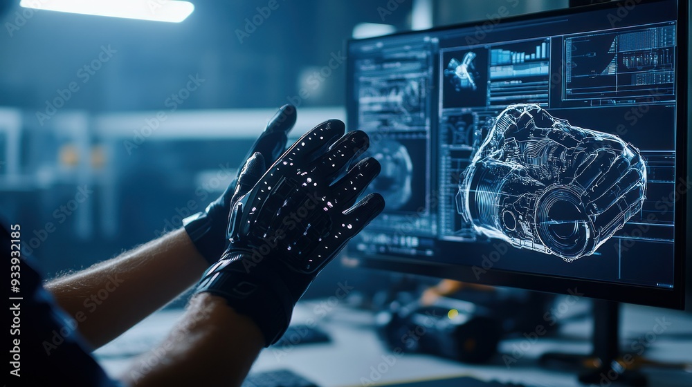 Aufkleber Person Wearing Black Gloves Interacting with a Computer Screen Showing a 3D Model of an Engine