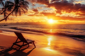 Calm Waves Reflecting Golden Rays on Serene Beach at Sunset with Copy Space