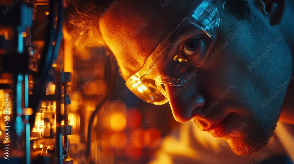 Poster close-up of a man's face with safety glasses working in a laboratory