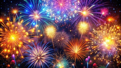 Fototapeta premium Vibrant sparks erupt from a firework explosion, illuminating the night sky with a kaleidoscope of colors, creating a mesmerizing and dynamic visual effect.