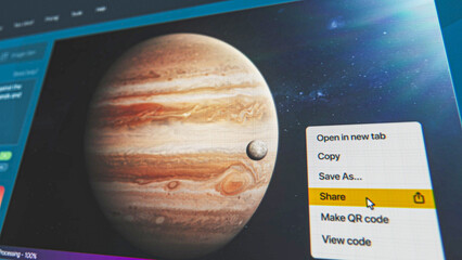 User interface of AI video generator. Artificial intelligence chatbot generate detailed high-quality video of Jupiter and its moon in space. Futuristic generative art. AI generated video creation.