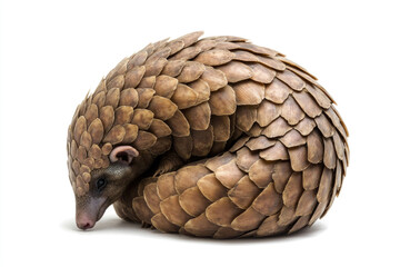 A pangolin curled up in its defensive position, scales tightly packed.