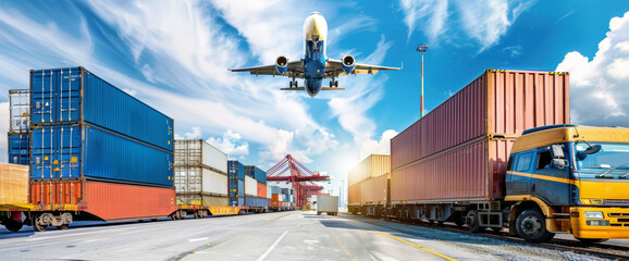 Airplane flying over a busy shipping container yard, with trucks and cranes, representing global logistics and transportation. Wide web banner.