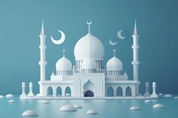Obraz premium White mosque with crescent moon and stars on a blue background. Suitable for religious and cultural designs, celebrations, and promotions.