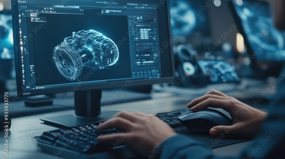 Aufkleber Person Designing a Wireframe of a Camera on a Computer