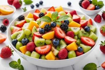 White bowl of fresh fruit salad isolated on white background