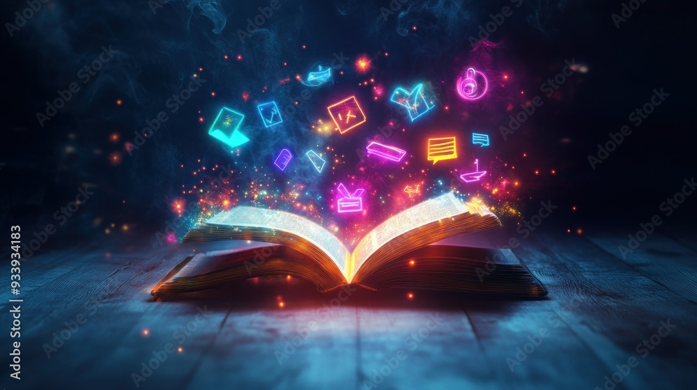 Poster Open Book with Glowing Neon Symbols Emerging from its Pages