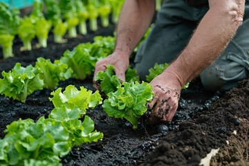 Naklejka premium A farmer hand plants lettuce seedlings in his vegetable garden, Generative AI.