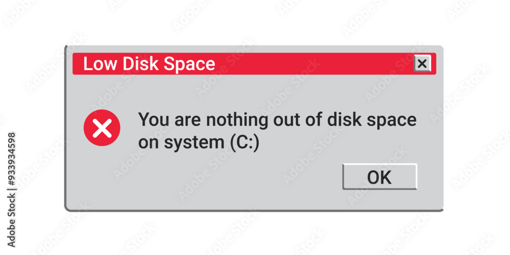 Poster low disk space message. memory error in red colors. retro alert notification on screen.