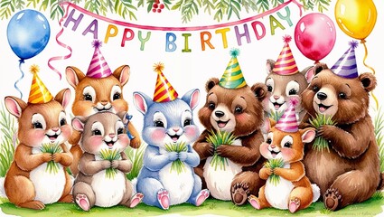 Fototapeta premium A group of cute animals in a soft watercolor style holding balloons, HAPPY BIRTHDAY text