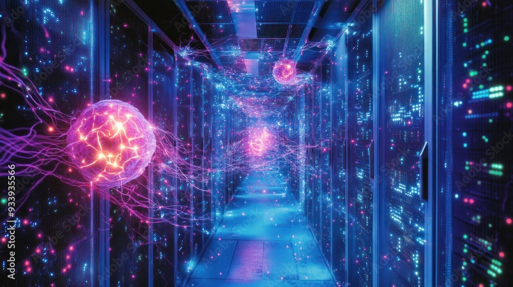 Poster glowing spheres and network connections in a server room