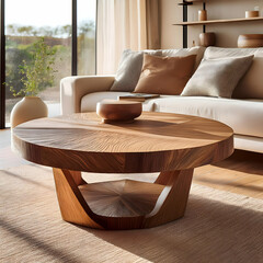  modern wooden center table with a geometric design, placed in a stylish living space with earthy tones. The table should be the focal point, with natural lighting enhancing the wood's texture and gr