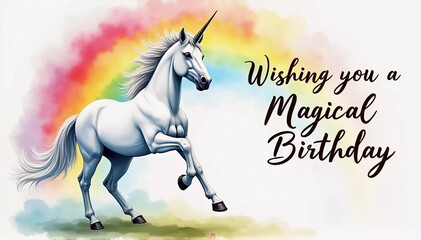 Fototapeta premium A unicorn prancing beneath a watercolor rainbow, WISHING YOU A MAGICAL BIRTHDAY text