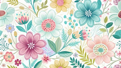 Vibrant, stylized floral motifs in pastel hues dance across a sleek, white background, blending organic elegance with modern graphic flair in a trendy repeat pattern.