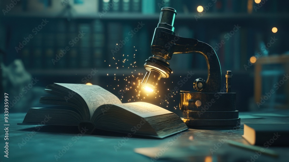 Poster a vintage microscope illuminating an open book with glowing particles