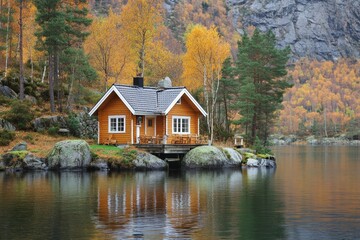 Fototapeta premium Cozy wooden cabin by a tranquil lake surrounded by autumn trees. Ideal for autumn retreats and nature lovers.