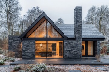 Obraz premium Modern minimalist house with large glass windows in a snowy forest. Perfect for contemporary design enthusiasts.