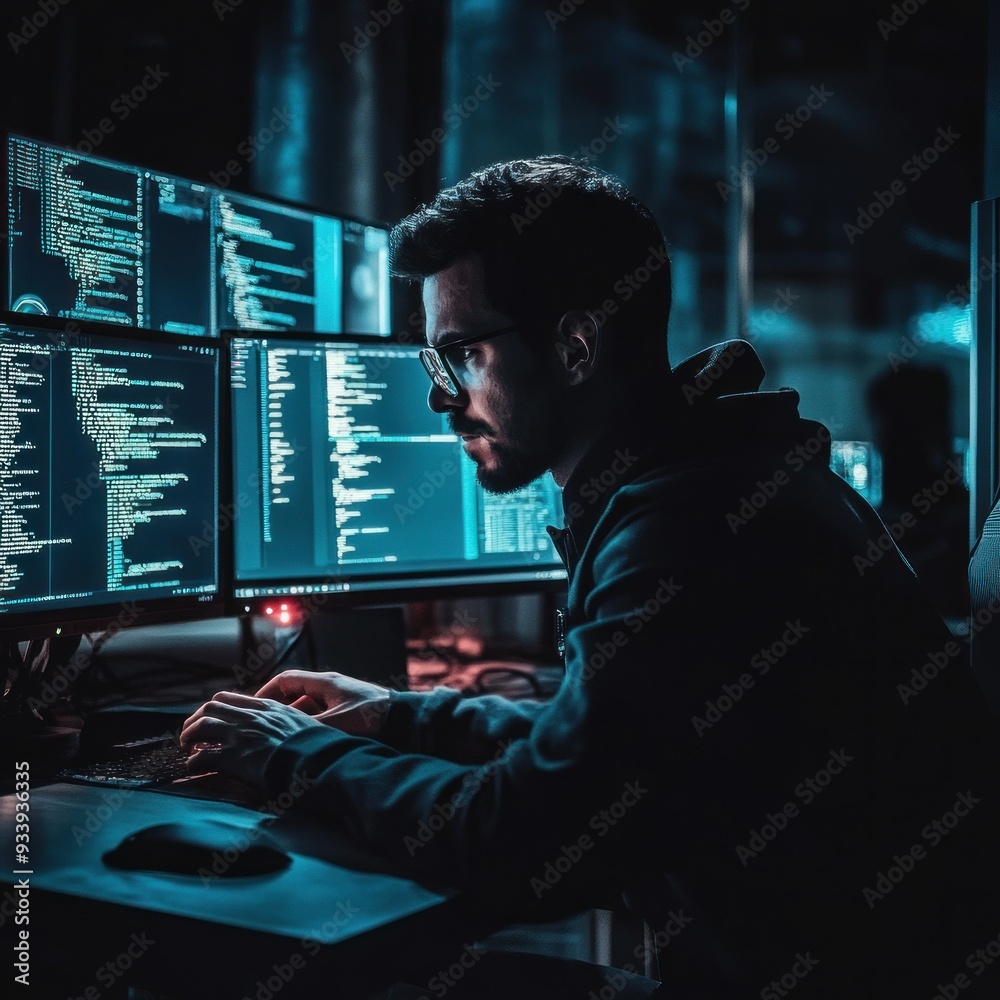 Fototapete Hacker working on multiple computer screens with code.