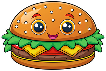  cartoon illustration of a hamburger with a cute, smiling face. The hamburger has big, shiny eyes and a small, cheerful mouth. The bun is topped with sesame seeds, and inside the burger