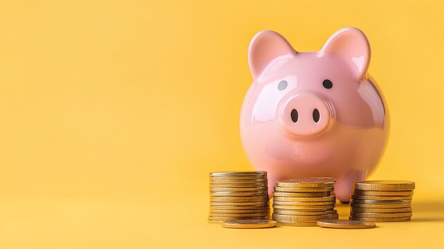 piggy bank with coins on yellow background with copy space