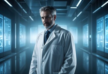 Fototapeta premium Male Doctor with short gray hair, dressed in a white lab coat, standing in a sleek, high-tech laboratory.
