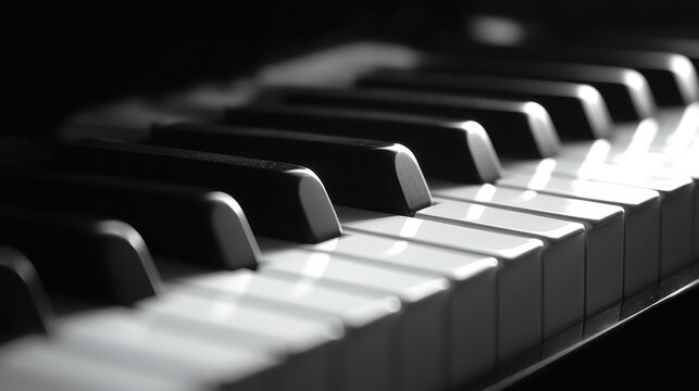 Close-up of black and white piano keys, artistically illuminated in soft light. Rich contrast highlights the classic beauty of the instrument - Powered by Adobe
