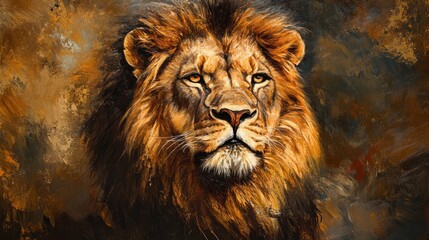 Fototapeta premium Portrait of a majestic lion with a dark, oil-painted background. The lion's piercing eyes and powerful expression dominate the composition