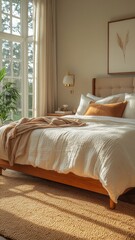 A cozy bedroom featuring a neatly made bed as the focal point. Soft, warm light enters through a large window, casting gentle shadows on the hardwood floor. The bed is adorned with plush pillows and