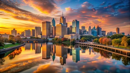 Fototapeta premium Vibrant sunrise illuminates the Philadelphia cityscape, casting a warm glow on towering skyscrapers and historic landmarks, reflected in the calm Schuylkill River waters.
