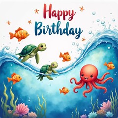 Obraz premium Cute sea creatures in watercolor, swimming around HAPPY BIRTHDAY text