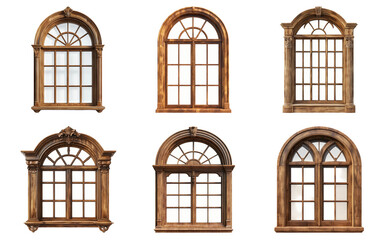 Vintage arched windows in different styles isolated on transparent background