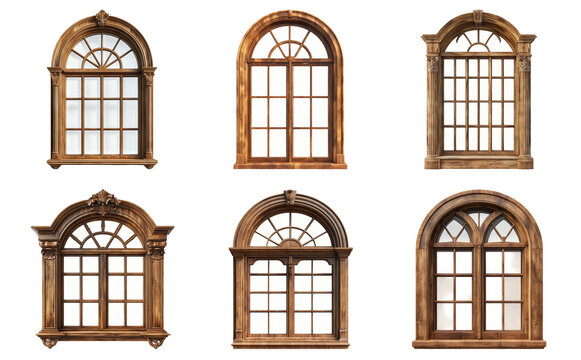 Vintage arched windows in different styles isolated on transparent background