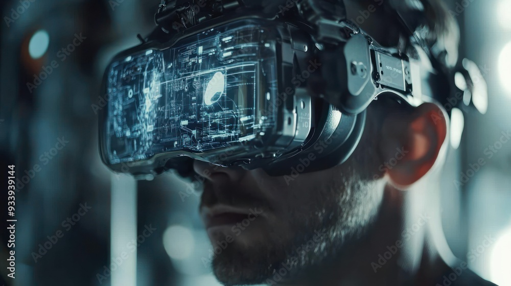 Poster close-up of a man wearing a vr headset with a digital interface
