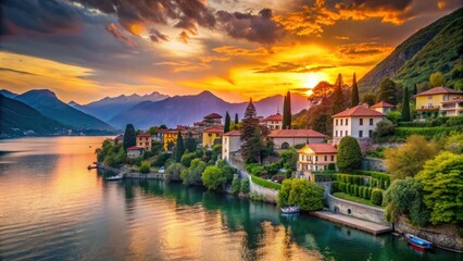Naklejka premium Vibrant sunset casts a warm glow over Lake Como's serene waters, surrounded by lush greenery and picturesque villas in Tremezzo, Italy.