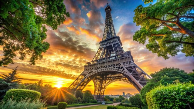Vibrant sunset casts a warm glow over the historic Eiffel Tower, surrounded by lush greenery and majestic iron latticework in Paris, France.