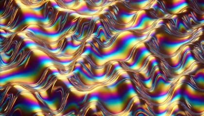 Vibrant Holographic Rippled Surface with Rainbow Colors and Glossy Texture, High-Resolution Close-Up