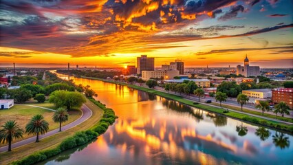 Fototapeta premium Vibrant sunset casts a warm glow over the Rio Grande River, illuminating the historic downtown Laredo skyline and Mexican border in south Texas.