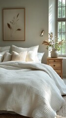 Fototapeta premium A Scandinavian-style bedroom with a neatly made bed featuring simple, white bedding and a few grey accents. Natural light fills the room, highlighting the clean lines and minimalist decor. A single