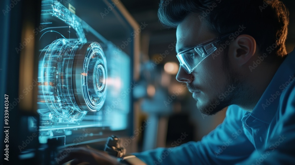Poster Man in Safety Glasses Examining Digital Model on Computer Screen